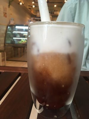 Black tea with salty cream cheese for 450, unusual great combination 👍 at Shochiku-en in Tokyo