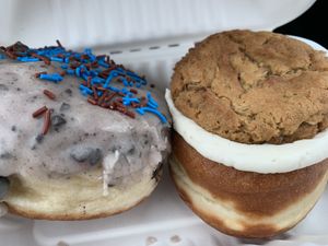 Cookie Monster donut and Oatmeal Cream Pie donut   at Crave Doughnuts in Whitby