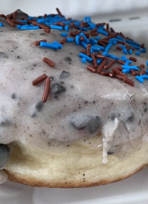 Cookie Monster vegan donut.  Wowzer!  Soooo good!!!!  at Crave Doughnuts in Whitby