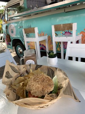 Vegan Cheeseburger and Cacao Smoothie  at Changomango in Merida