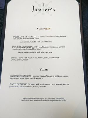 Veg menu at Javier's in San Diego