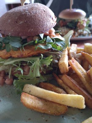 Tasty vegan burger. Sweet potato fries is also an option. at Fox and Hounds in Soenderborg