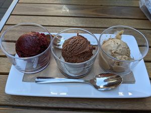 flight of ice creams: raspberry-lime sorbet, chocolate, Irish cream at Virtuous Pie in Victoria