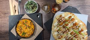 Stra ger Wings Pie, MnC Skillet, Kale Caesar salad at Virtuous Pie in Victoria