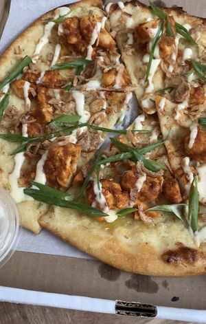 Buffalo cauliflower pizza  at Virtuous Pie in Victoria