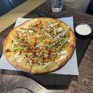 Pie-rogi Pizza, with side garlic ranch dip  at Virtuous Pie in Victoria