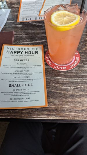 Strawberry lemonade and Happy Hour menu (April 2025) at Virtuous Pie in Victoria