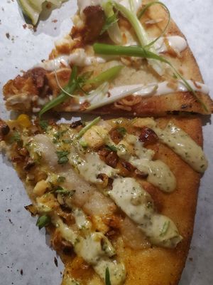 Cauliflower Wing Pizza and Corn Pizza at Virtuous Pie in Victoria