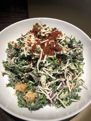 KALE CAESAR SALAD
Shredded Kale, Parmesan, Garlic Croutons, Bacon Bits, Tahini Caesar Dressing at Virtuous Pie in Victoria