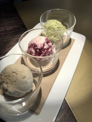 B-T Classic Vanilla, Marionberry Cheesecake and Matcha Coconut Ice Cream  at Virtuous Pie in Victoria