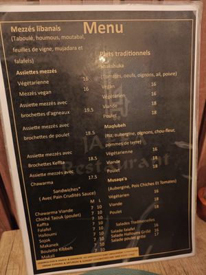 Menu at Jaffa in Brussels