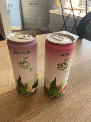 Iam fruit juices: lychee is very sweet and mangosteen is a bit sour sweet  at Saowapa in Utrecht