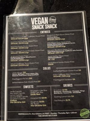 The menu at Vegan Snack Shack in New Orleans