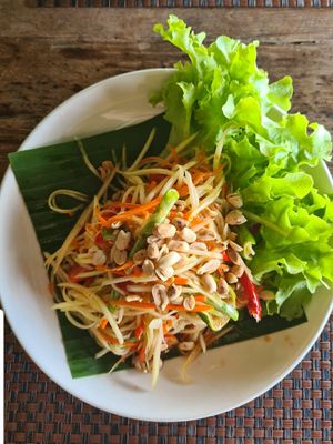 Green papaya salad (with the flavour to match) at The Govinda Farm in Chiang Mai