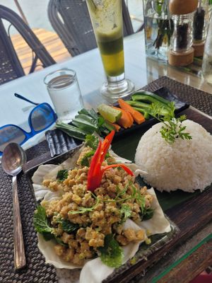 Minced tofu, crunchy rice, lemongrass & loads more flavours, served on cabbage leaves at Sabay Beach in Kampot