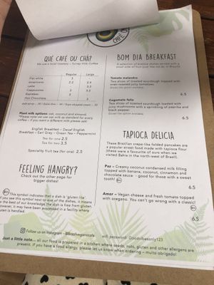 Drinks and breakfast menu at Brasil Vegano Cafe in Guildford
