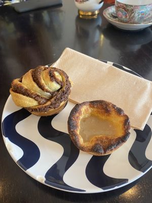 cinnamon roll, and vegan pastel de nata!  at Odete Bakery in Porto