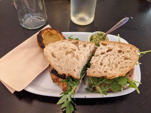 Tofu "salmon" sandwich (7,50€) and pastel de nata (1,50€) at Odete Bakery in Porto