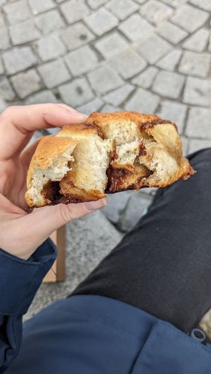 Cross section of cinnamon bun #Veganuary at Odete Bakery in Porto