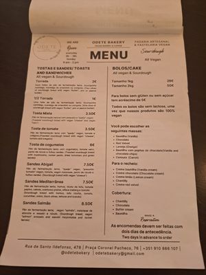 Menu at Odete Bakery in Porto