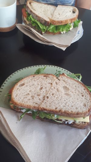 Abigail (🌟) and mediterranean sandwiches at Odete Bakery in Porto