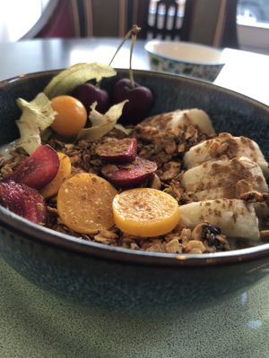 Yogurt bowl with fresh fruits  at Odete Bakery in Porto