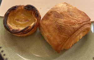 Pastel de nata and pain au chocolat  at Odete Bakery in Porto