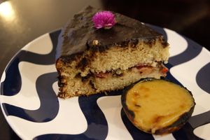 Pastel de nata and cake with strawberries at Odete Bakery in Porto