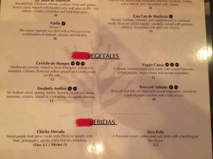 Vegan Menu at Los Cabos Puro Peru in Denver
