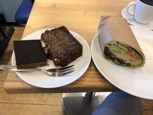 Caramel cake, banana bread and hummus wrap at The Fragrance of the Heart in Oslo