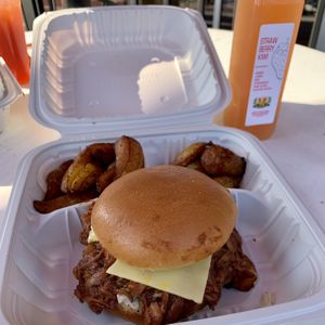 Jerk BBQ Jackfruit Sandwich with Vegan Cheese, Plantains and Gingerhale Lemonade  at Desmond's Island Soul Grill in Virginia Beach
