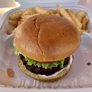 Lentil Burger with Fries at Desmond's Island Soul Grill in Virginia Beach