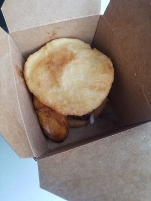 Plantain jackfruit cheese arepa- delicious! at Desmond's Island Soul Grill in Virginia Beach