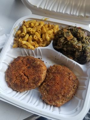 Krabcakes entree with mac n cheese and callaloo rundown- that mac!!! at Desmond's Island Soul Grill in Virginia Beach