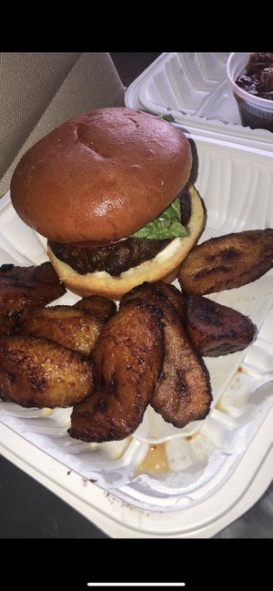 Lentil burger & fried plantains  at Desmond's Island Soul Grill in Virginia Beach