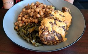 Crabcakes, collards and chickpeas at Desmond's Island Soul Grill in Virginia Beach