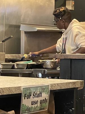 Cooking to orderr  at Desmond's Island Soul Grill in Virginia Beach