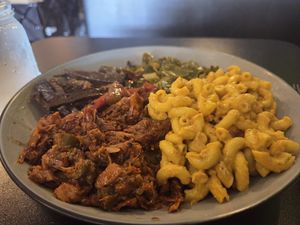 Jackfruit BBQ jerk and mushroom jerk with collards and Mac and the at Desmond's Island Soul Grill in Virginia Beach