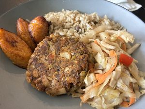 Krab cake, rice & peas, plantains   at Desmond's Island Soul Grill in Virginia Beach