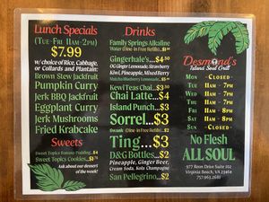 Menu, January 2020 at Desmond's Island Soul Grill in Virginia Beach
