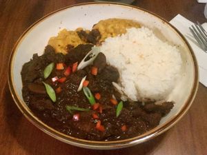 Ox-tail style mushrooms with jasmine rice and mac & cheese at Desmond's Island Soul Grill in Virginia Beach