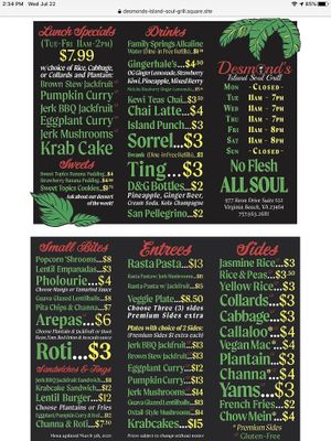 Menu at Desmond's Island Soul Grill in Virginia Beach