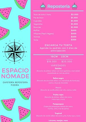 Carta de repostería at Nomade in La Serena