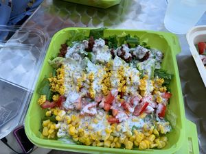 vegan cob salad (tempeh bacon, tofu egg creamy ranch dressing) at Flourish Plant-Based Eatery in Evansville