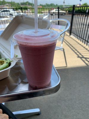 vegan strawberry banana smoothie! Tastes like a milkshake! So good! at Flourish Plant-Based Eatery in Evansville