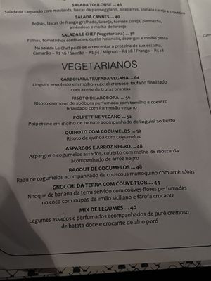 Vegan menu options (entrées) at Le Chef Bistrô in Recife