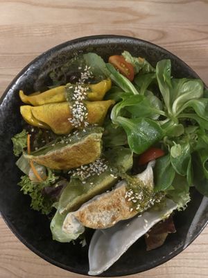 Homei Bowl with vegan mix gyoza and Koriander sauce  at Homei Gyoza in Bonn