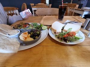 Vegan sharing platter and hummus, rocket and sun dried tomatoe sandwich at Sanders Yard in Whitby