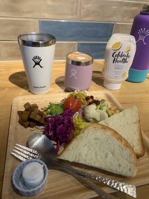 Vegan breakfast plate with almond milk chocolate mint latte and vegan mayo dressing at An39 in Osaka