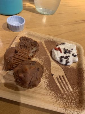 Vegan Banana cacao muffin - however served with dairy whipped cream???? at An39 in Osaka